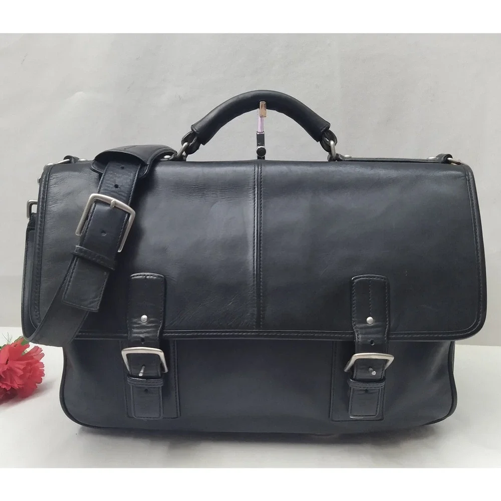 Coach Black Leather Double Pushlock Briefcase Laptop Business Crossbody Bag